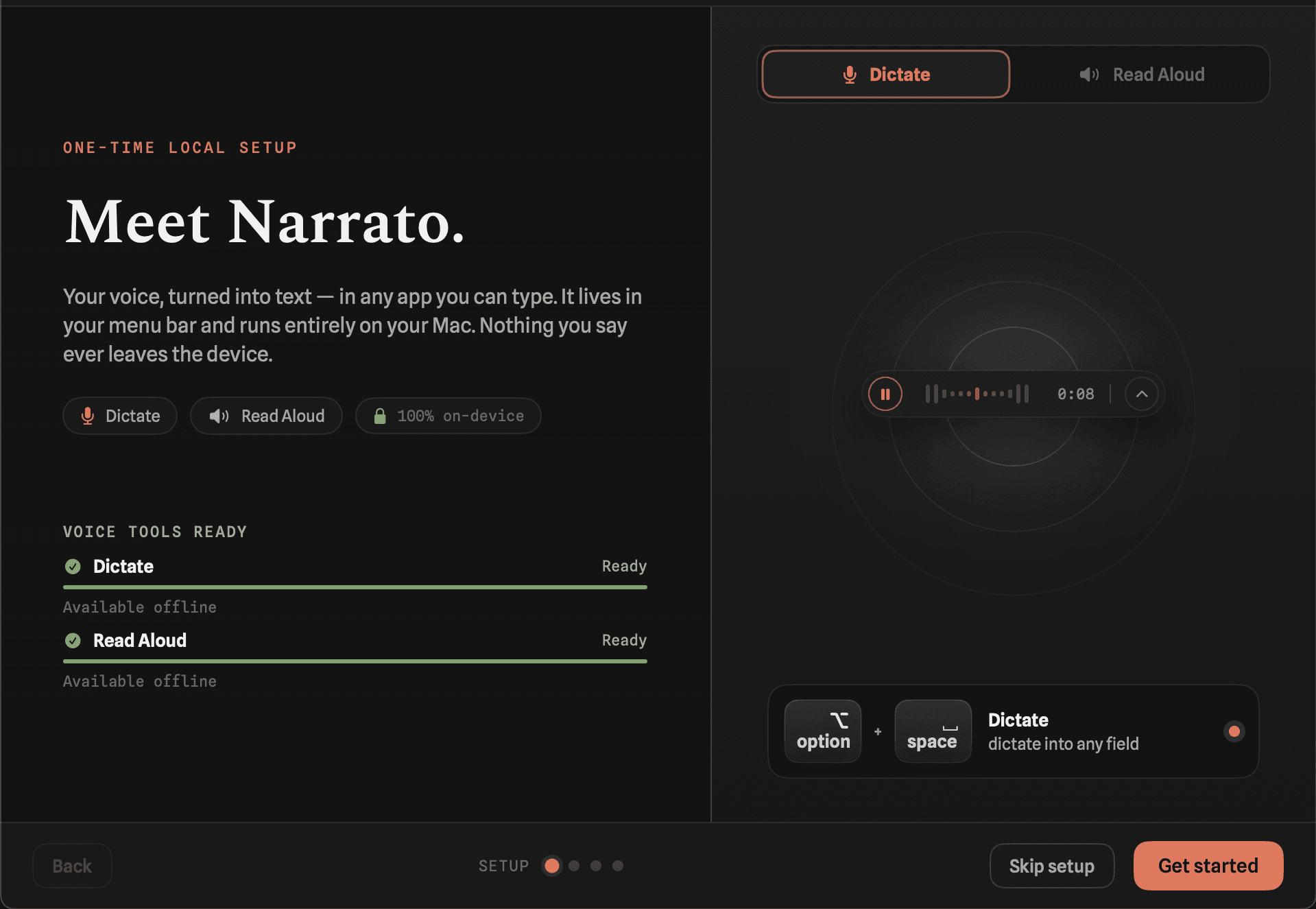 Narrato's first-launch setup screen with both voice tools ready