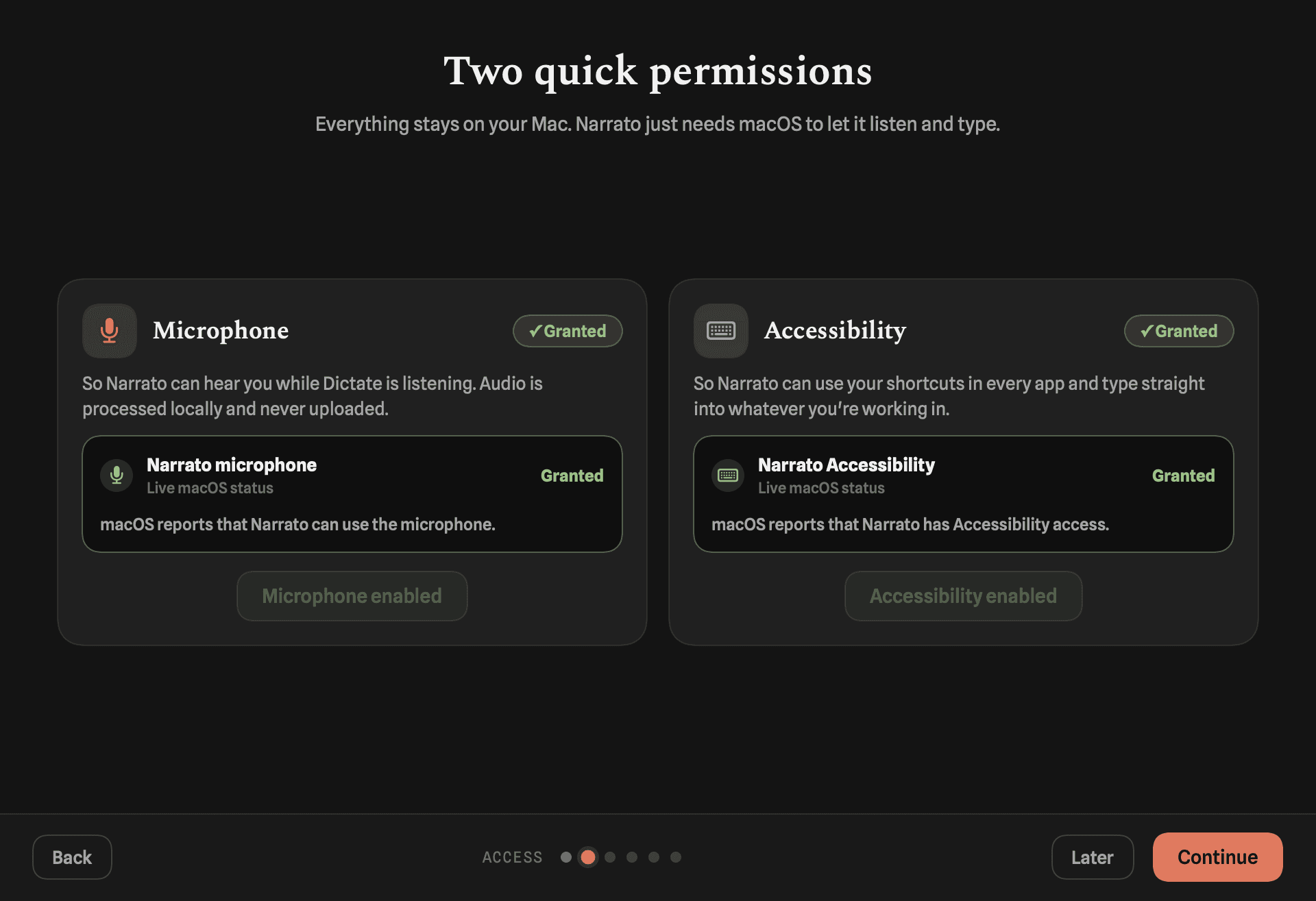 Narrato's onboarding permissions screen with Microphone and Accessibility granted