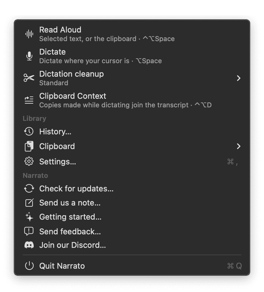 Narrato's menu bar dropdown: Read Aloud, Dictate, dictation cleanup, Clipboard Context, history, clipboard, settings and updates
